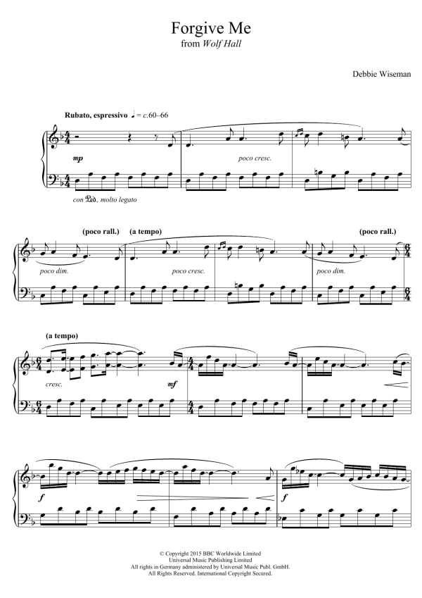 Debbie Wiseman Forgive Me (From 'Wolf Hall') Musik Noten - Piano Solo - 122962-0
