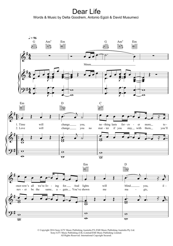 Delta Goodrem Dear Life Musik Noten - Piano, Vocal & Guitar Chords - 123456-0