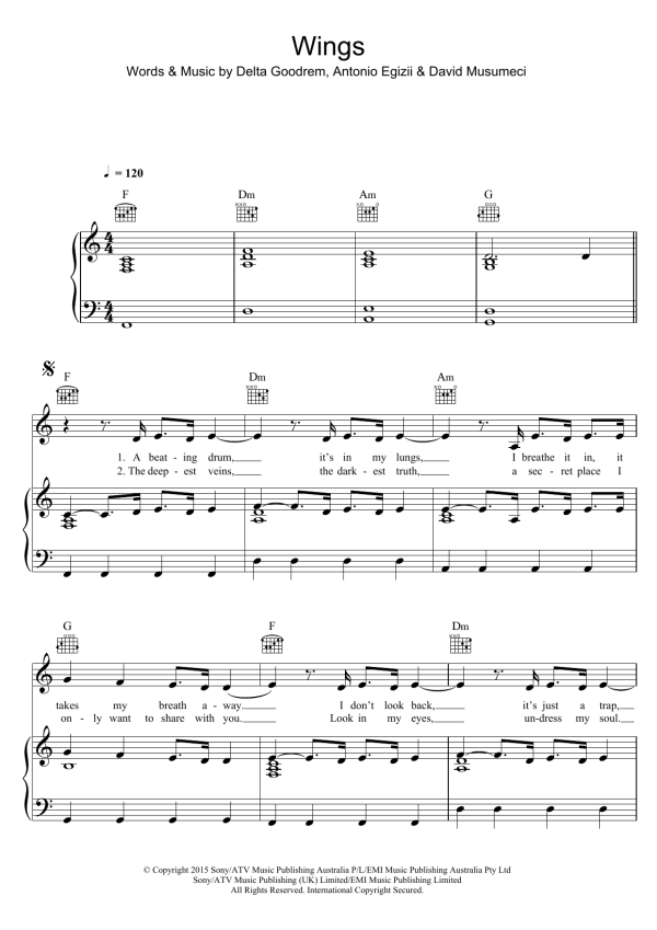 Delta Goodrem Wings Musik Noten - Piano, Vocal & Guitar Chords - 122399-0