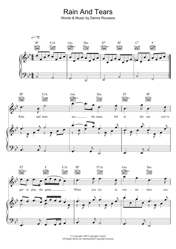 Demis Roussos Rain And Tears Musik Noten - Piano, Vocal & Guitar Chords - 120658-0