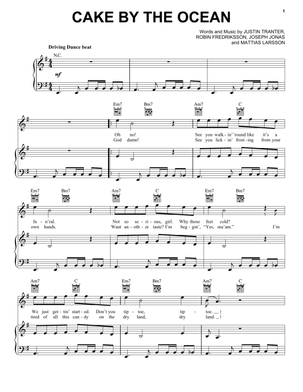 DNCE Cake By The Ocean Musik Noten - Piano, Vocal & Guitar Chords - 165233-0