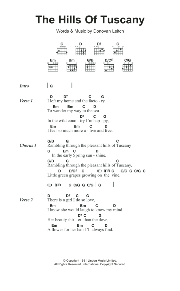 Donovan The Hills Of Tuscany Musik Noten - Guitar Chords/Lyrics - 117224-0