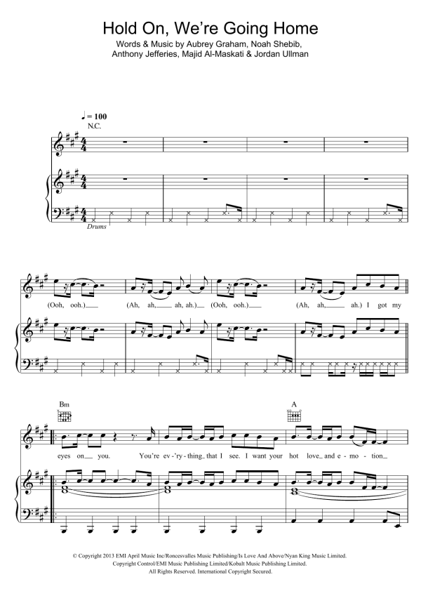 Drake Hold On We're Going Home Musik Noten - Piano, Vocal & Guitar Chords - 116873-0