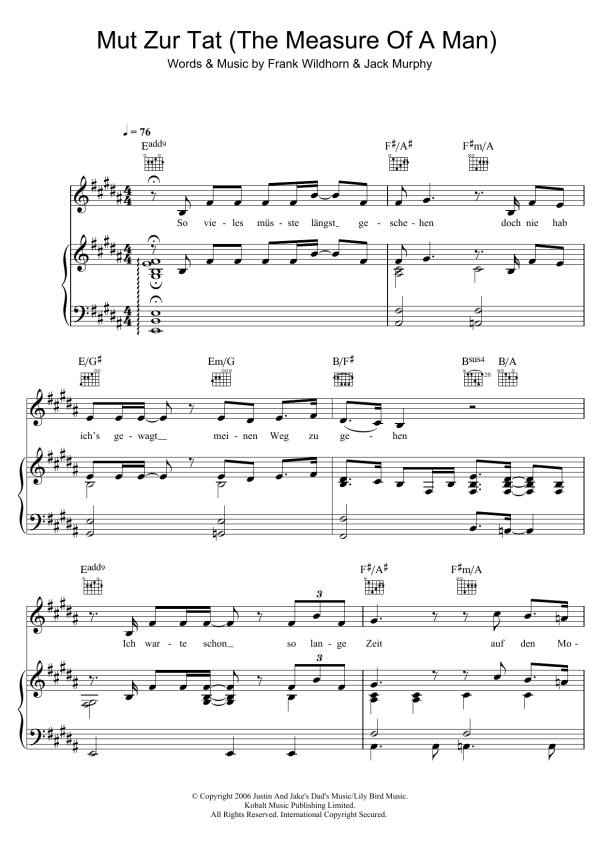 Drew Sarich Mut Zur Tat (The Measure Of A Man) Musik Noten - Piano, Vocal & Guitar Chords - 123706-0