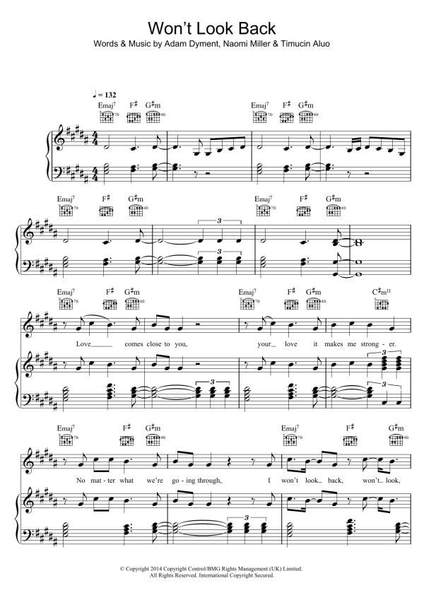 Duke Dumont Won't Look Back Musik Noten - Piano, Vocal & Guitar Chords - 119489-0