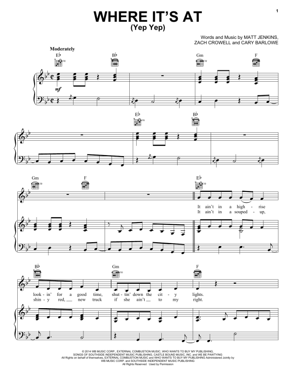 Dustin Lynch Where It's At (Yep Yep) Musik Noten - Piano, Vocal & Guitar Chords - 155723-0