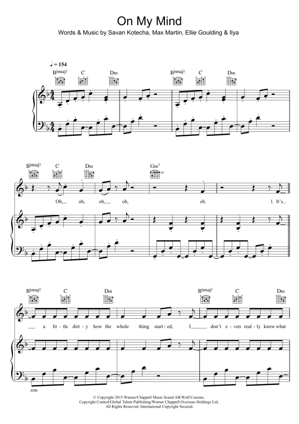 Ellie Goulding On My Mind Musik Noten - Piano, Vocal & Guitar Chords - 162624-0
