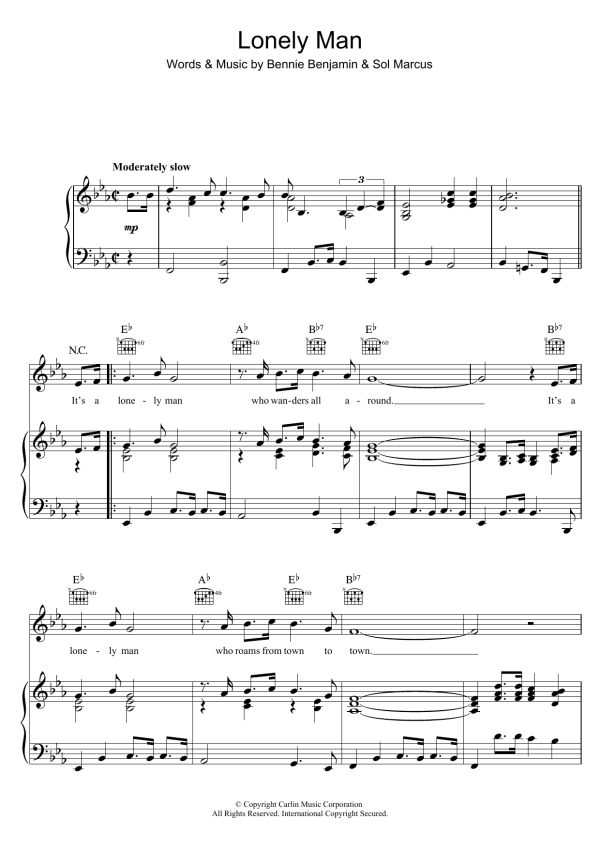 Elvis Presley Lonely Man Musik Noten - Piano, Vocal & Guitar Chords - 119317-0
