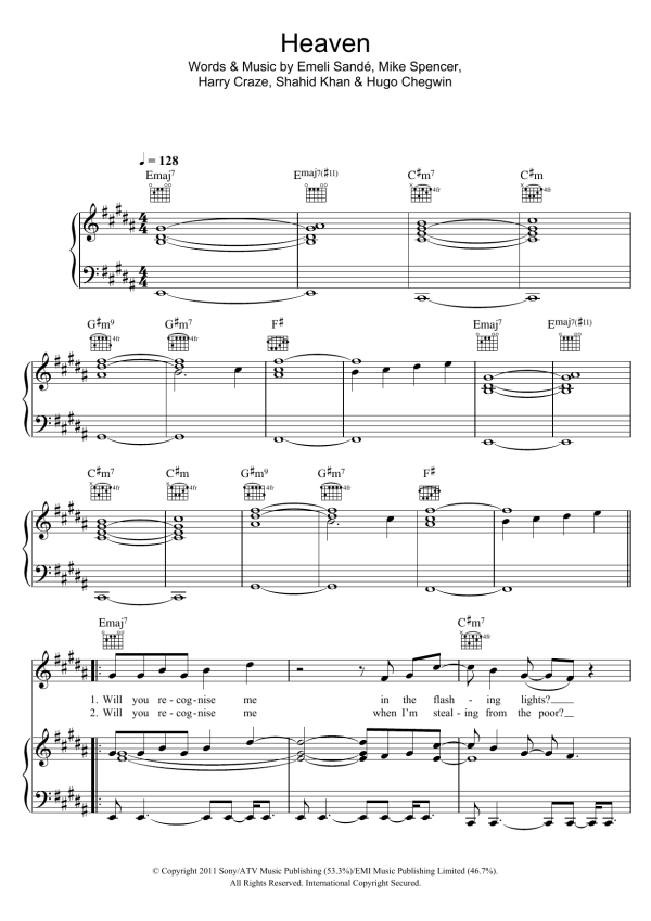 Emeli Sandé Heaven Musik Noten - Piano, Vocal & Guitar Chords - 110677-0