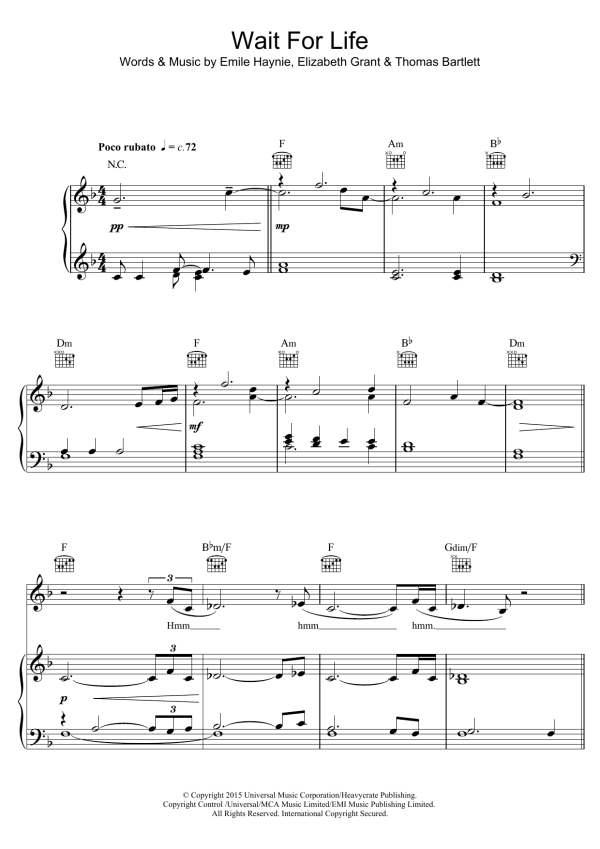 Emile Haynie Wait For Life (featuring Lana Del Rey) Musik Noten - Piano, Vocal & Guitar Chords - 123766-0