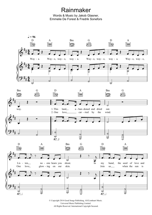 Emmelie de Forest Rainmaker Musik Noten - Piano, Vocal & Guitar Chords - 118701-0
