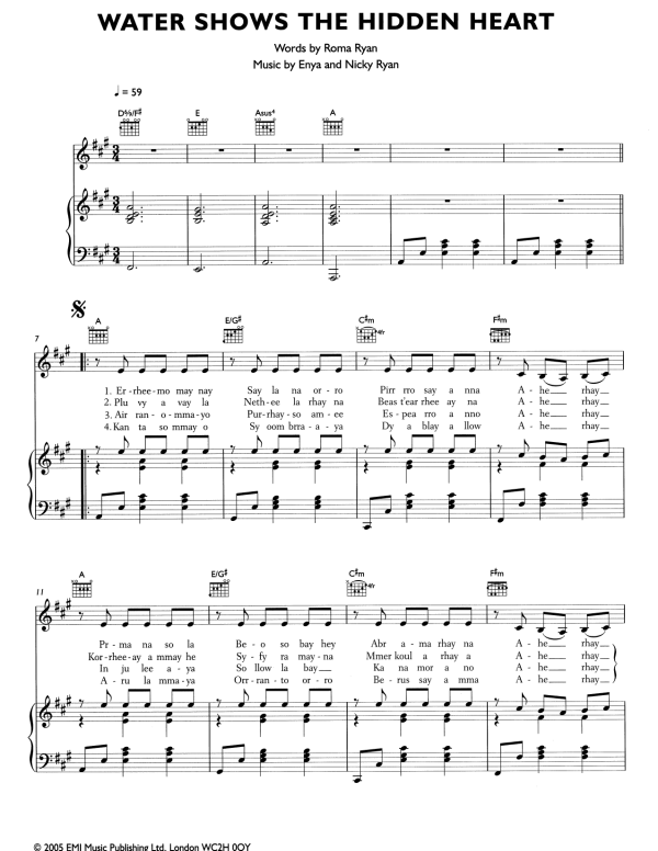 Enya Water Shows The Hidden Heart Musik Noten - Piano, Vocal & Guitar Chords - 161456-0