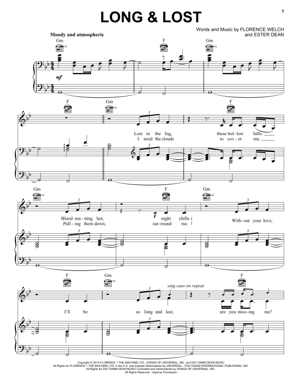 Florence And The Machine Long & Lost Musik Noten - Piano, Vocal & Guitar Chords - 161907-0