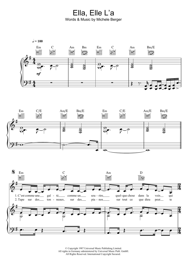 France Gall Ella, Elle L'a Musik Noten - Piano, Vocal & Guitar Chords - 121924-0