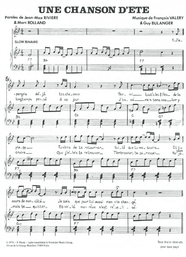 Francois Valery Une Chanson D'ete Musik Noten - Piano & Vocal - 119664-0