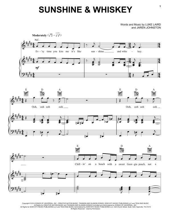 Frankie Ballard Sunshine & Whiskey Musik Noten - Piano, Vocal & Guitar Chords - 156684-0