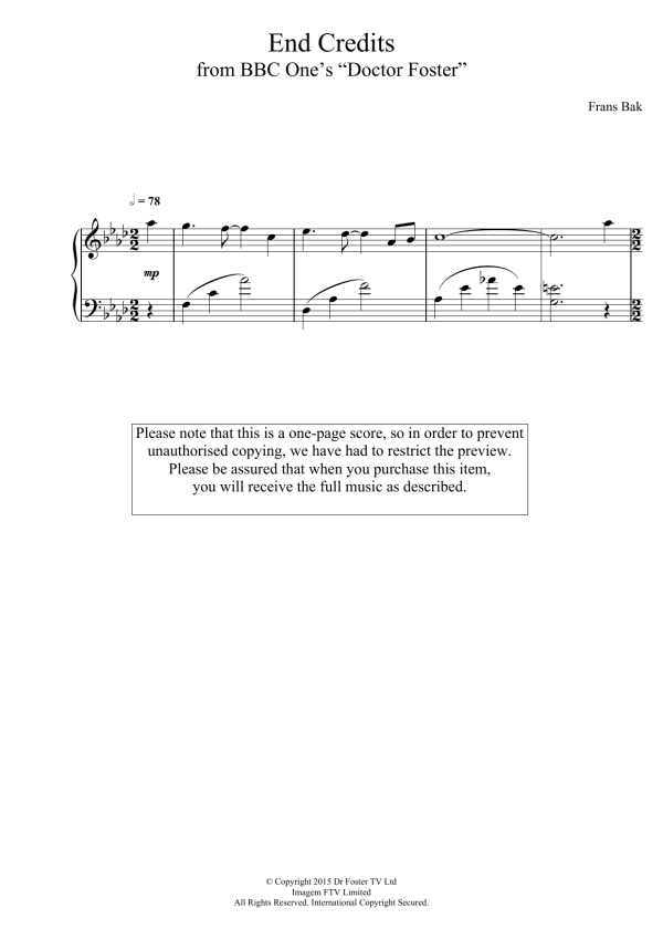 Frans Bak End Credits (from BBC One's "Doctor Foster") Musik Noten - Piano Solo - 122652-0
