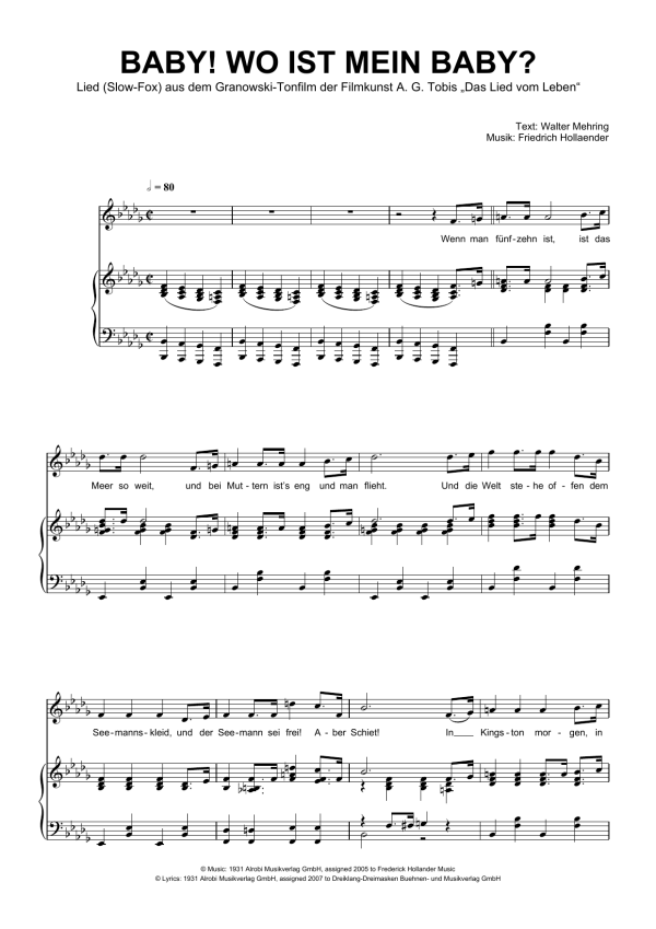 Friedrich Hollaender Baby! Wo Ist Mein Baby? Musik Noten - Piano & Vocal - 110966-0