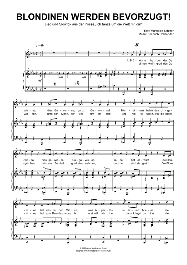 Friedrich Hollaender Blondinen Werden Bevorzugt! Musik Noten - Piano & Vocal - 110969-0