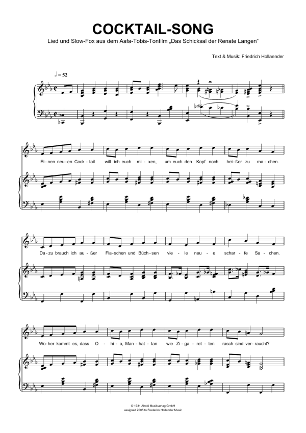 Friedrich Hollaender Cocktail-Song Musik Noten - Piano & Vocal - 110970-0