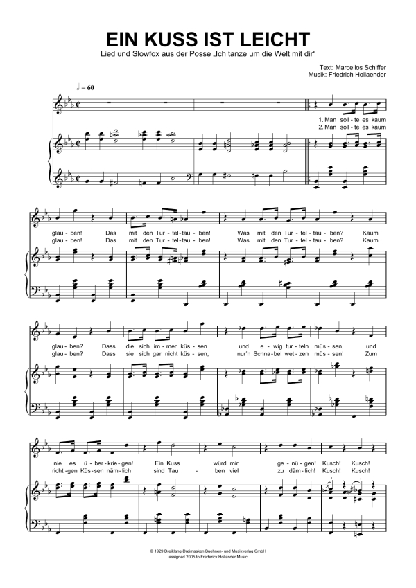 Friedrich Hollaender Ein Kuss Ist Leicht Musik Noten - Piano & Vocal - 110978-0