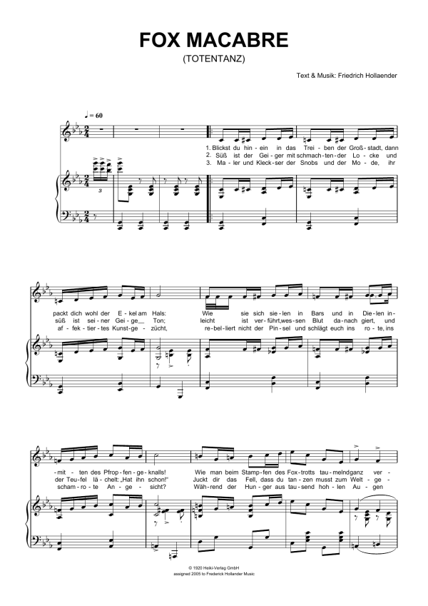 Friedrich Hollaender Fox Macabre (Totentanz) Musik Noten - Piano & Vocal - 110982-0