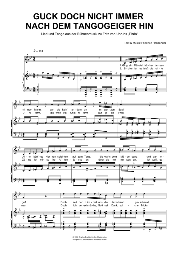 Friedrich Hollaender Guck Doch Nicht Immer Nach Dem Tangogeiger Hin Musik Noten - Piano & Vocal - 110983-0