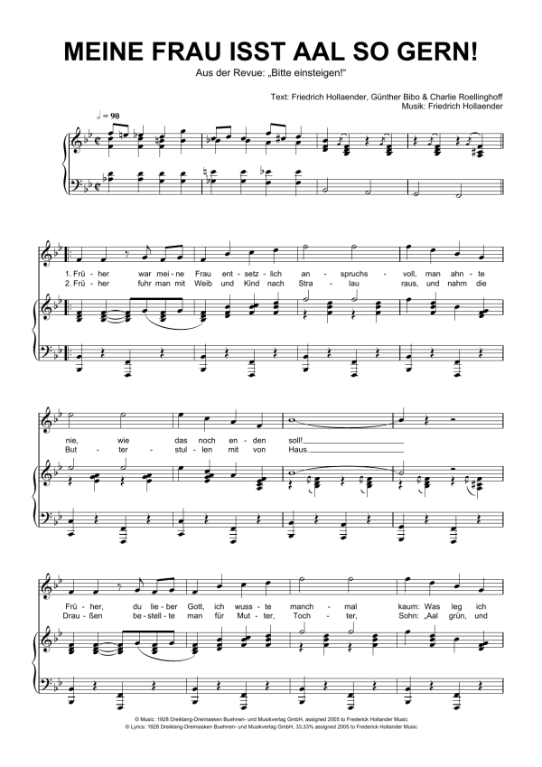 Friedrich Hollaender Meine Frau Isst Aal So Gern! Musik Noten - Piano & Vocal - 111000-0