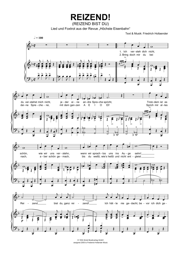 Friedrich Hollaender Reizend! (Reizend Bist Du) Musik Noten - Piano & Vocal - 111004-0