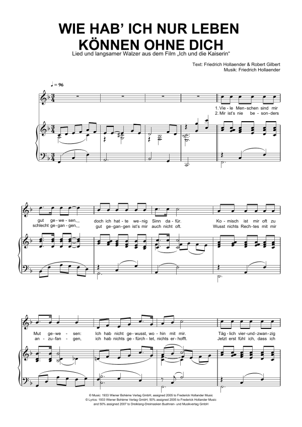 Friedrich Hollaender Wie Hab' Ich Nur Leben Konnen Ohne Dich Musik Noten - Piano & Vocal - 111009-0