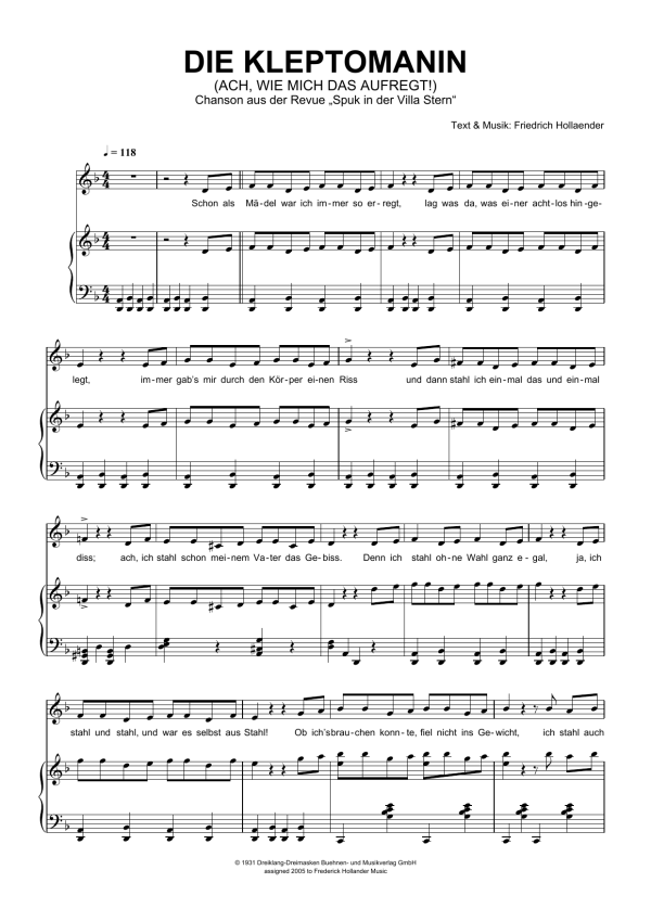 Friedrich Holländer Die Kleptomanin (Ach, Wie Mich Das Aufregt!) Musik Noten - Piano & Vocal - 110976-0