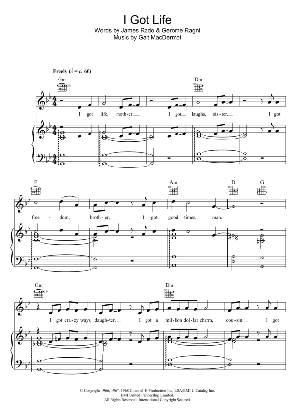 Galt MacDermot I Got Life (from 'Hair') Musik Noten - Piano, Vocal & Guitar Chords - 120849-0