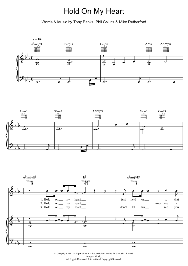 Genesis Hold On My Heart Musik Noten - Piano, Vocal & Guitar Chords - 110883-0