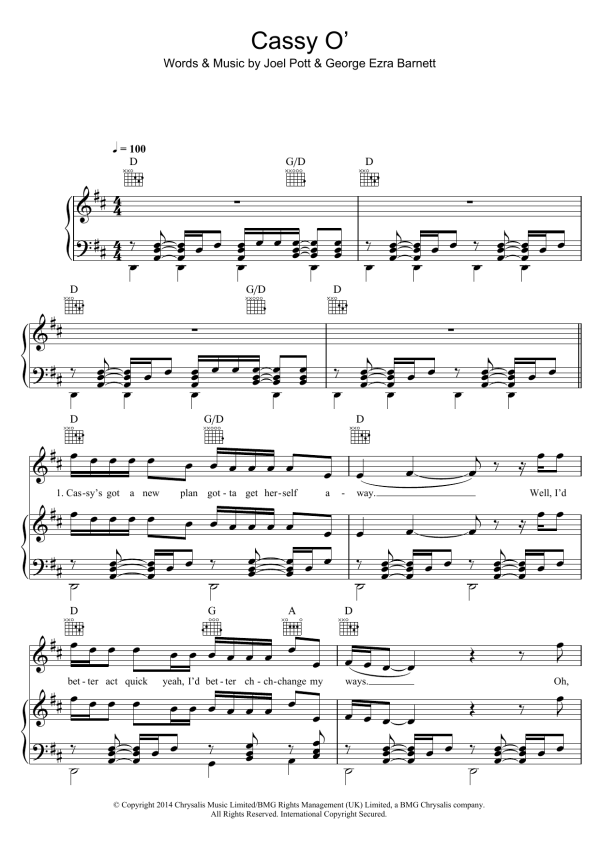 George Ezra Cassy O' Musik Noten - Piano, Vocal & Guitar Chords - 119302-0