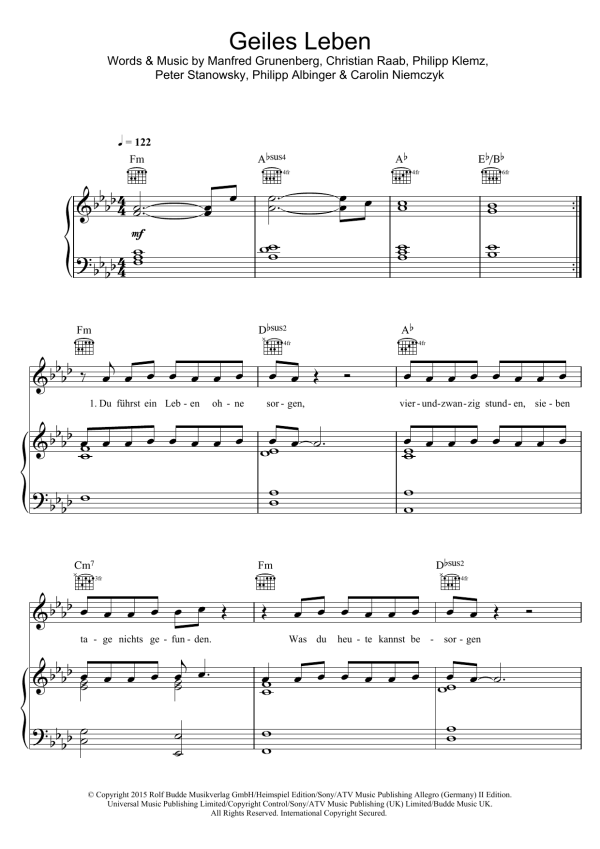 Glasperlenspiel Geiles Leben Musik Noten - Piano, Vocal & Guitar Chords - 122473-0