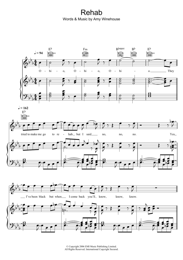 Glee Cast Rehab Musik Noten - Piano, Vocal & Guitar Chords - 110345-0
