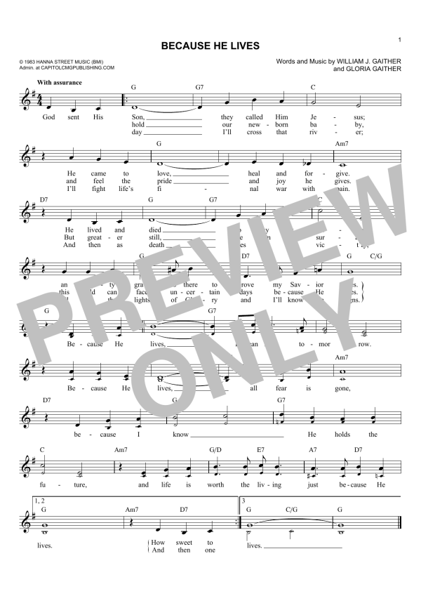 Gloria Gaither Because He Lives Musik Noten - Lead Sheet / Fake Book - 178908-0