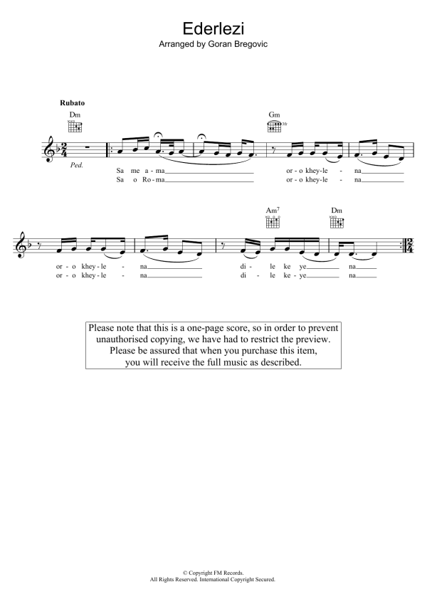 Goran Bregovic Ederlezi Musik Noten - Lead Sheet / Fake Book - 122607-0