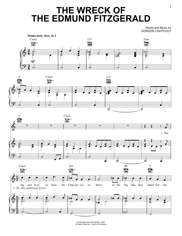 Gordon Lightfoot The Wreck Of The Edmund Fitzgerald Musik Noten - Piano, Vocal & Guitar Chords - 156398-0