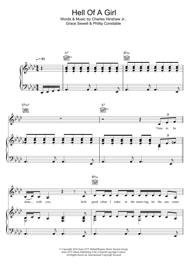 Grace Hell Of A Girl Musik Noten - Piano, Vocal & Guitar Chords - 123432-0