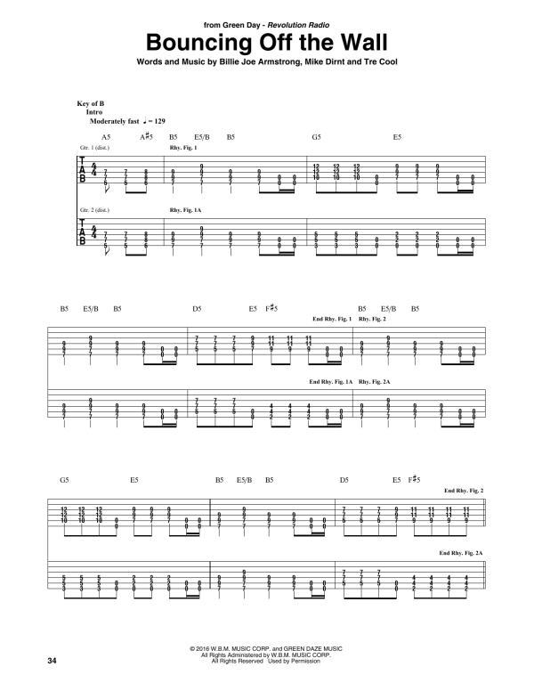 Green Day Bouncing Off The Wall Musik Noten - Guitar Rhythm Tab - 178955-0