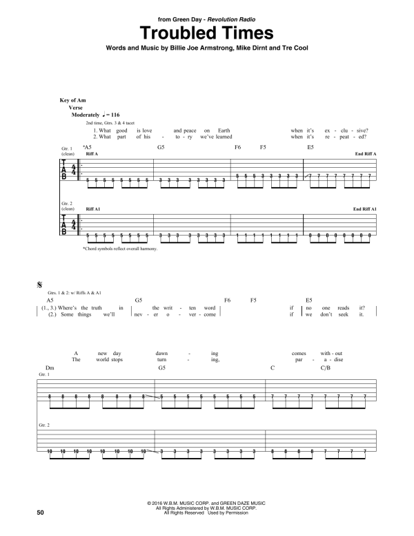 Green Day Troubled Times Musik Noten - Guitar Rhythm Tab - 178960-0