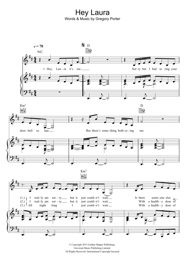 Gregory Porter Hey Laura Musik Noten - Piano, Vocal & Guitar Chords - 118474-0