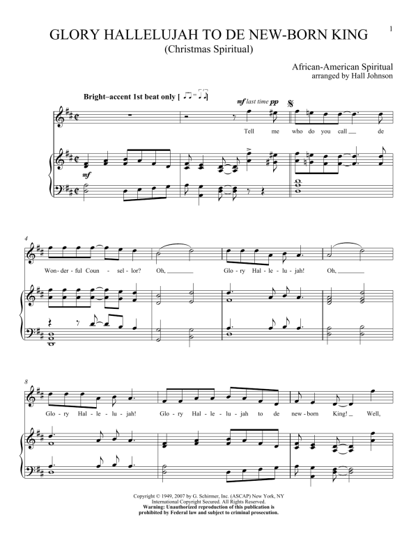 Hall Johnson Glory Hallelujah To De New-born King Musik Noten - Piano & Vocal - 156307-0