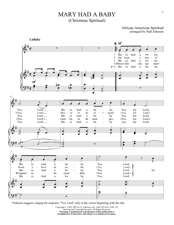 Hall Johnson Mary Had A Baby Musik Noten - Piano & Vocal - 156305-0