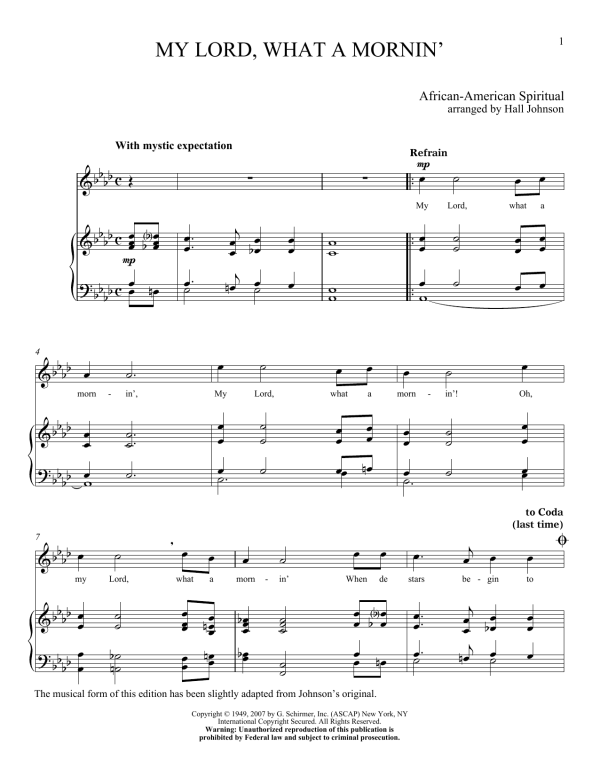 Hall Johnson My Lord What A Mornin' Musik Noten - Piano & Vocal - 156327-0