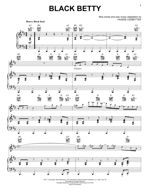 Huddie Ledbetter Black Betty Musik Noten - Piano, Vocal & Guitar Chords - 161844-0
