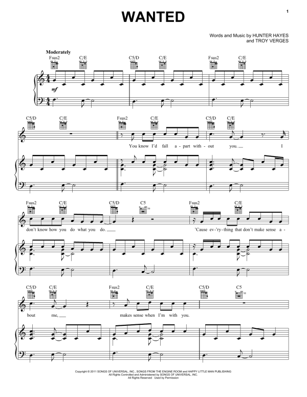 Hunter Hayes Wanted Musik Noten - Guitar Chords/Lyrics - 150338-0