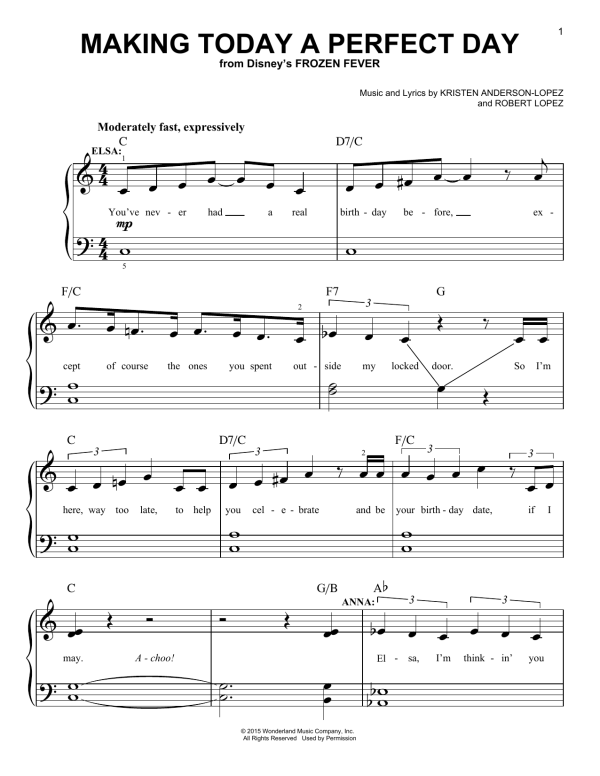 Idina Menzel & Kristen Bell and Cast Making Today A Perfect Day (from Frozen Fever) Musik Noten - Easy Piano - 158606-0
