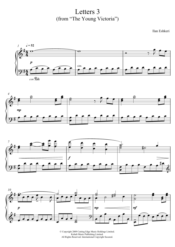Ilan Eshkeri Letters 3 (from The Young Victoria) Musik Noten - Piano Solo - 124030-0